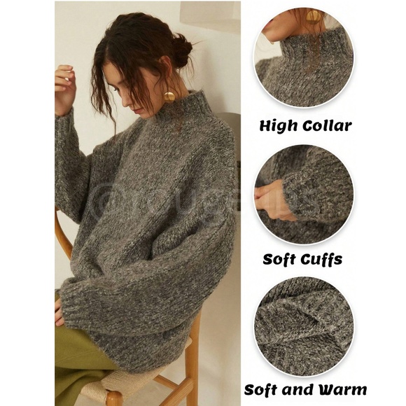 Gray Knit Oversized Pullover Turtleneck Sweater - Picture 7 of 10